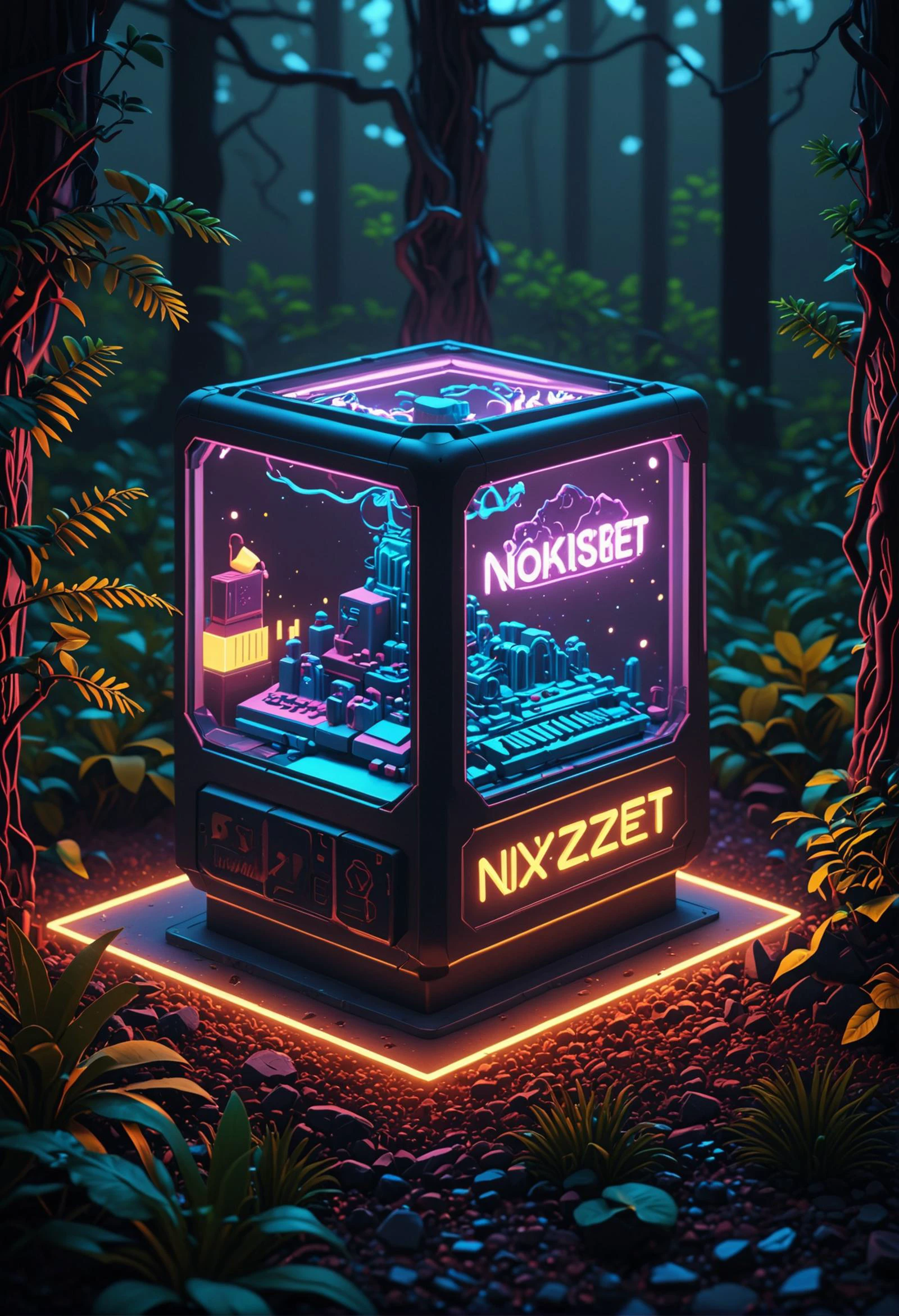 cinematic film still of (tiny and cute isometric scene of nxzskzt, neon, 3d, octane render, neon lighting, neon theme, 3d scene), Forestpunk aesthetic, iridescent colors, stunning background. dark and moody, a mesmerizing blend of light and shadow. masterpiece, absurdres, intricate details <lora:Midjourney_Isometric:0.8>, shallow depth of field, vignette, highly detailed, high budget, bokeh, cinemascope, moody, epic, gorgeous, film grain, grainy