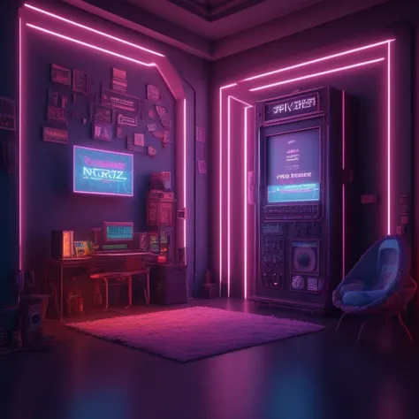 nxzskzt, no humans, television, door, english text, indoors, scenery, speaker, chair, neon, 3d, isometric view, octane render, neon lighting, isometric miniature, 3d scene, cinematic lighting, masterpiece, best quality