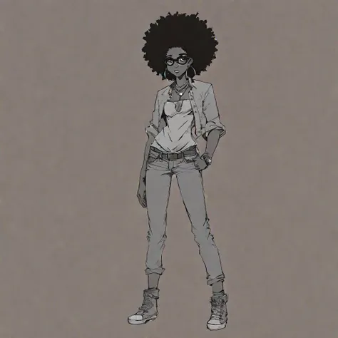 <lora:Charasilhouette-V1-000004:1.0>, charasil, monochrome, game characters, original designs, 1girl, jewelry, torn pants, torn clothes, crop top, pants, bracelet, torn jeans, midriff, earrings, dark skin, navel, hoop earrings, glasses, blue eyes, denim, jeans, dark-skinned female, afro, full body, breasts, lips, shirt, brown hair, standing, toes, toenails, sandals, print shirt, looking at viewer, big hair, cropped shirt, gradient, curly hair, bangle, gradient background, toenail polish, nail polish, medium breasts, barefoot, t-shirt, very dark skin, small breasts, heroic pose,