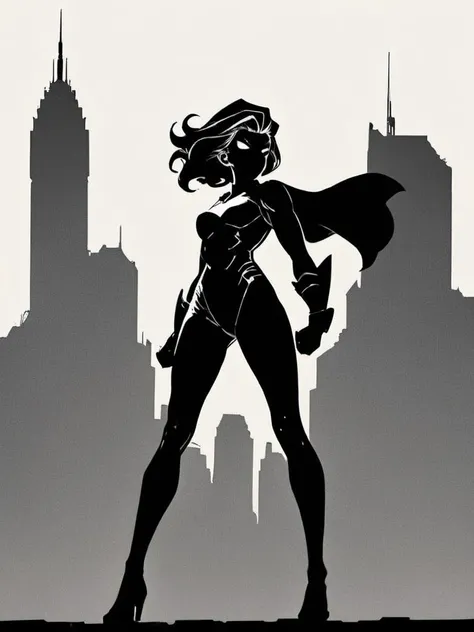 1girl, heroic pose,full body, 1980s \(style\), retro artstyle, bodysuit, superhero, monochrome, silhouette, <lora:Charasilhouette-V1:1>