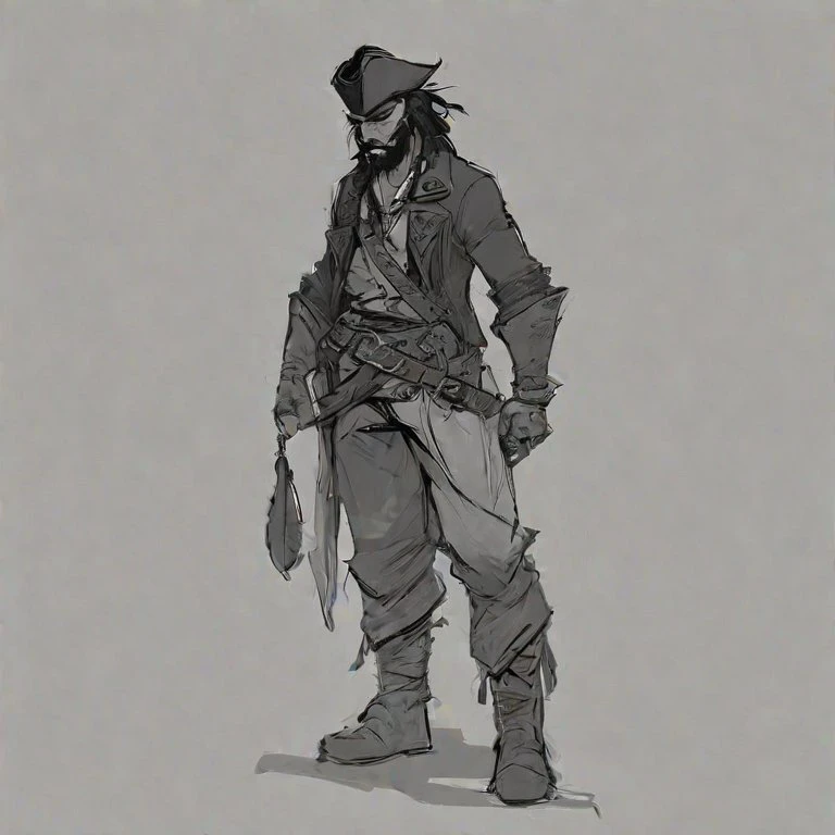 focus on character,(battlescars:0.7), looking down, solo, simple background, (tribal aztec theme:0.6), outlaw, tattoos, elaborate Air superiority , pirate sailor outfit, eyepatch, pendant, dark expression, walking, sypglass, coastal pirate town, <lora:Charasilhouette-V1-000004:0.6> charasil style, monochrome, full body, silhouette , sketch