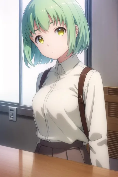 yukikusakabe, <lora:yuki kusakabe s1-lora-nochekaiser:1>,
yuki kusakabe, short hair, (yellow eyes:1.2), green hair,
BREAK skirt, shirt, school uniform, white shirt, pleated skirt, brown skirt,
BREAK indoors, classroom,
BREAK looking at viewer,
BREAK <lyco:GoodHands-beta2:1>, (masterpiece:1.2), best quality, high resolution, unity 8k wallpaper, (illustration:0.8), (beautiful detailed eyes:1.6), extremely detailed face, perfect lighting, extremely detailed CG, (perfect hands, perfect anatomy),