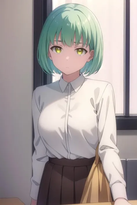yukikusakabe, <lora:yuki kusakabe s1-lora-nochekaiser:1>,
yuki kusakabe, short hair, (yellow eyes:1.2), green hair,
BREAK skirt, shirt, school uniform, white shirt, pleated skirt, brown skirt,
BREAK indoors, classroom,
BREAK looking at viewer,
BREAK <lyco:GoodHands-beta2:1>, (masterpiece:1.2), best quality, high resolution, unity 8k wallpaper, (illustration:0.8), (beautiful detailed eyes:1.6), extremely detailed face, perfect lighting, extremely detailed CG, (perfect hands, perfect anatomy),