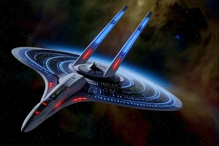 ncc1701 a symmetrical star trek space ship from behind in dark space, <lora:ncc1701_achitectur:1>