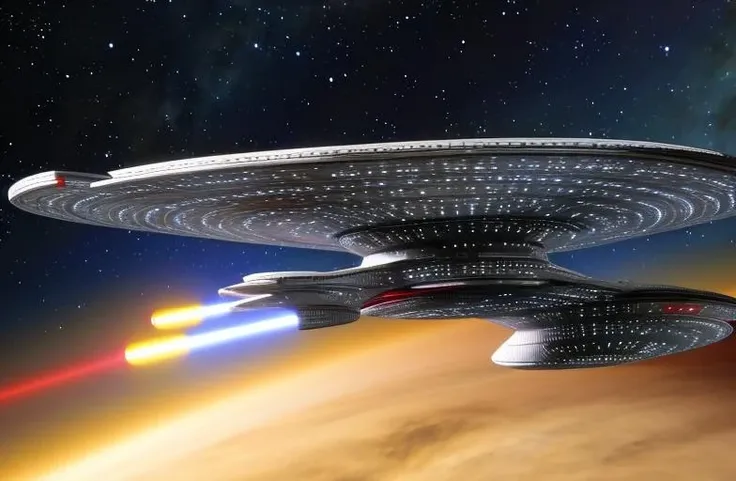 <lora:ncc1701:1>, ncc1701 a star trek enterprise ship in the space with a star in the background, (symmetrical ship:1)