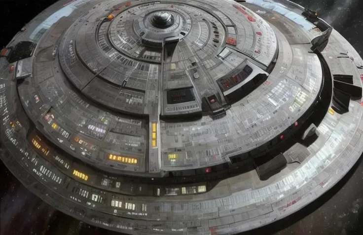 <lora:star_ship:0.8>, general view of start trek starship in space, symmetrical, nc 1701