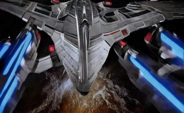 partial view of <lora:star_ship:1.3> spaceship from the front diagonal in dark space, symmetrical
