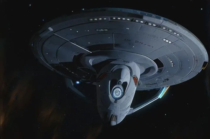general view of the symmetrical spaceship from the front below flying through outer space, ncc1701e, detailed surface, illumination, best shadow,
<lora:startrekv14:0.99>