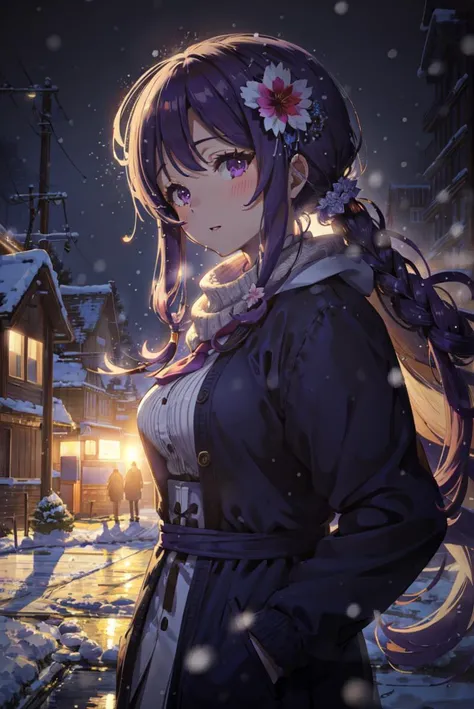 detailed illustration, close up, of a mature woman, pretty face, facing viewer, medium breasts,yukari kadenokouji, halo, very long hair, purple hair, hair flower, winter clothes, scarf, hands in pocket, outside, night, cityscape, snowing, cinematic lighting, hires, volumetric lighting, highly detailed background, lights and shadows, backlit, masterpiece, <lora:add detail:0.5> <lora:hairdetailer:0.5> <lora:yukari_kadenokouji_v1:1>
