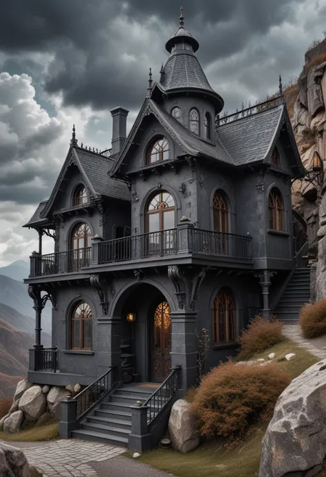 (medium full shot) of (cozy dark grey steampunk house) with Gothic arches, mansard roof, arched windows with iron frames, revolving door with mechanical gears, wrought iron railings, located in  an adventurous mountain trail, with challenging terrain, breathtaking views, and hidden caves, under a cloudy sky, Masterpiece,best quality, photo, realistic, very aesthetic,