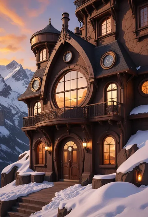 (medium full shot) of (luxurious deep brown steampunk house) with Gothic arches, flat roof with mechanical elements, circular porthole windows, heavy wooden door with iron hinges, retro-futuristic lamps, located in  a rugged mountain range, with rocky peaks, steep cliffs, and snow-capped summits, at sunset, Masterpiece,best quality, photo, realistic, very aesthetic,