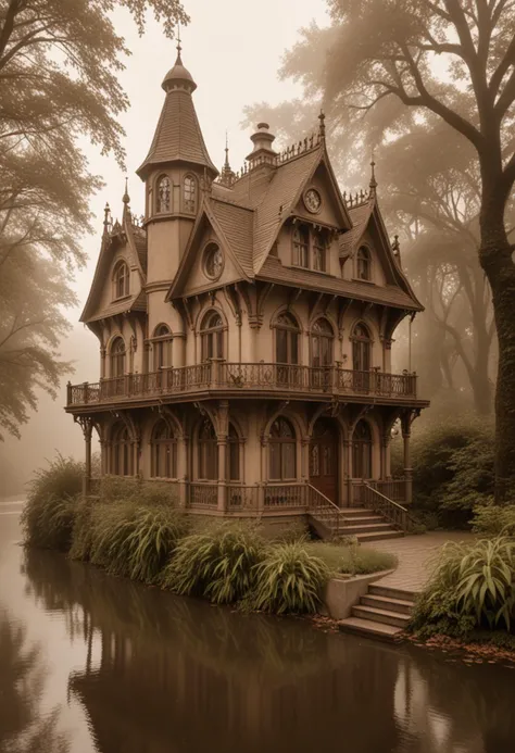 (medium full shot) of (compact sepia steampunk house) with Gothic arches, mansard roof, small dormer windows, double doors with glass panels, brass gears and cogs, located in  a riverside setting, with flowing water, riverbanks, and lush vegetation , during a foggy morning, Masterpiece,best quality, photo, realistic, very aesthetic,