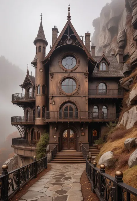 (medium full shot) of (luxurious bronze steampunk house) with Gothic arches, peaked roof with chimneys, circular porthole windows, revolving door with mechanical gears, wrought iron railings, located in  an adventurous mountain trail, with challenging terrain, breathtaking views, and hidden caves, during a foggy morning, Masterpiece,best quality, photo, realistic, very aesthetic,