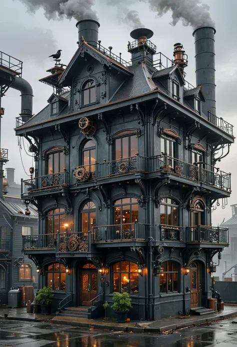 (medium full shot) of (luxurious dark grey steampunk house) with wooden beams, flat roof with mechanical elements, large bay windows, metal door with intricate carvings, mechanical bird sculptures, located in  an industrial cityscape, featuring tall smokestacks, steam billowing from factories, and iron bridges, during a foggy morning, ,Masterpiece,best quality, photo, realistic, very aesthetic,