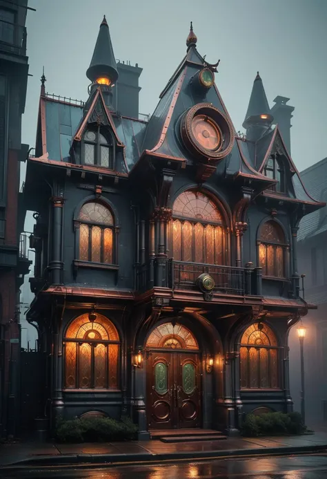 (medium full shot) of (cozy dark grey steampunk house) with riveted metal panels, copper roof with patina, stained glass windows, arched wooden door with brass knocker, steam pipes and valves, located in  a futuristic city with a blend of old and new architecture, neon lights, and flying airships, during a foggy morning, ,Masterpiece,best quality, raw photo, realistic, very aesthetic, dark