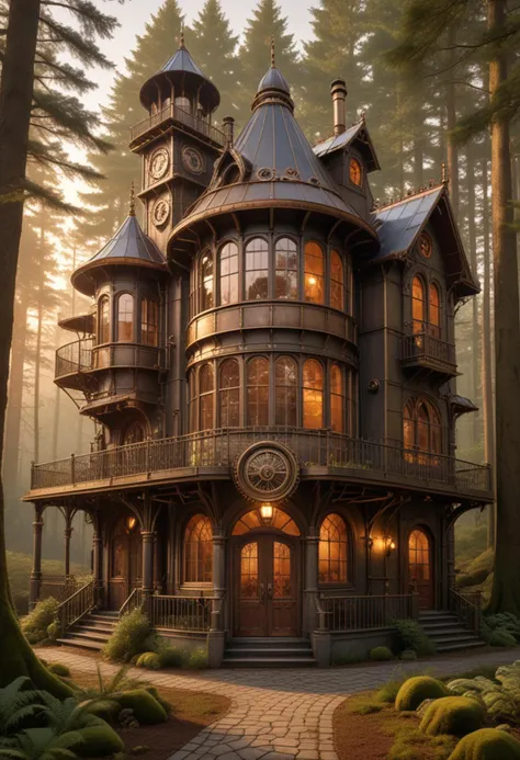 (medium full shot) of (spacious bronze steampunk house) with riveted metal panels, peaked roof with chimneys, arched windows with iron frames, revolving door with mechanical gears, brass gears and cogs, located in  a dense forest, with towering trees, moss-covered ground, and hidden pathways, at sunset, Masterpiece,best quality, photo, realistic, very aesthetic,