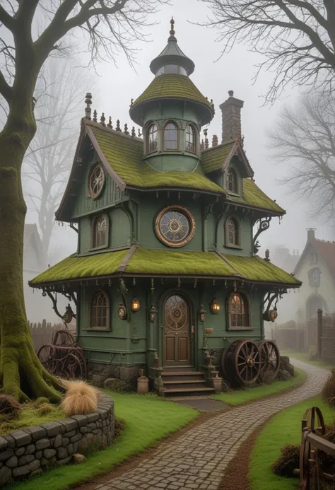 (medium full shot) of (compact moss green steampunk house) with ornate ironwork, peaked roof with chimneys, circular porthole windows, revolving door with mechanical gears, brass gears and cogs, located in  a rustic village, with stone houses, winding paths, and old-fashioned windmills, during a foggy morning, Masterpiece,best quality, photo, realistic, very aesthetic,