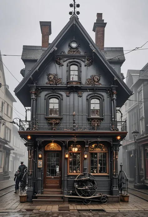 (medium full shot) of (compact dark grey steampunk house) with riveted metal panels, gabled roof, stained glass windows, metal door with intricate carvings, steam pipes and valves, located in  a quaint steampunk town, with narrow alleys, charming shops, and vintage streetcars, during a foggy morning, ,Masterpiece,best quality, photo, realistic, very aesthetic