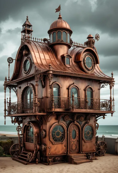 (medium full shot) of (compact copper steampunk house) with ornate ironwork, flat roof with mechanical elements, arched windows with iron frames, metal door with intricate carvings, brass gears and cogs, located in  a coastal village, with sandy beaches, fishing boats, and seaside cottages , under a cloudy sky, ,Masterpiece,best quality, raw photo, realistic, very aesthetic