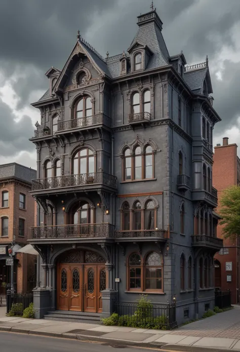 (medium full shot) of (spacious dark grey steampunk house) with ornate ironwork, mansard roof, arched windows with iron frames, heavy wooden door with iron hinges, wrought iron railings, located in  a quaint steampunk town, with narrow alleys, charming shops, and vintage streetcars, under a cloudy sky, Masterpiece,best quality, photo, realistic, very aesthetic,