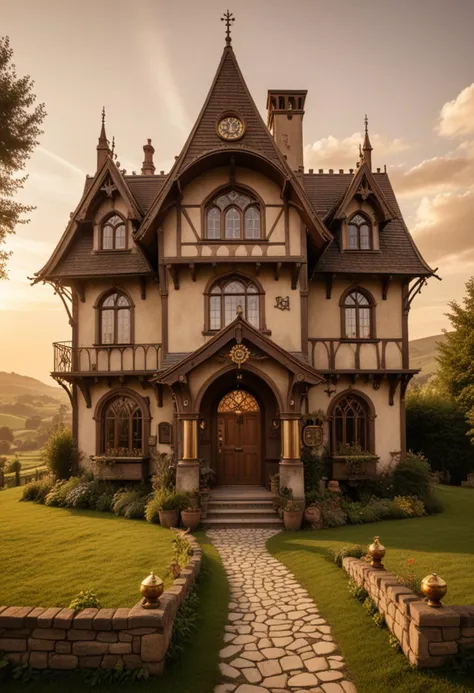 (medium full shot) of (cozy sepia steampunk house) with Gothic arches, peaked roof with chimneys, stained glass windows, arched wooden door with brass knocker, brass gears and cogs, located in  a serene countryside, with rolling hills, lush meadows, and quaint cottages, at sunset, Masterpiece,best quality, photo, realistic, very aesthetic,