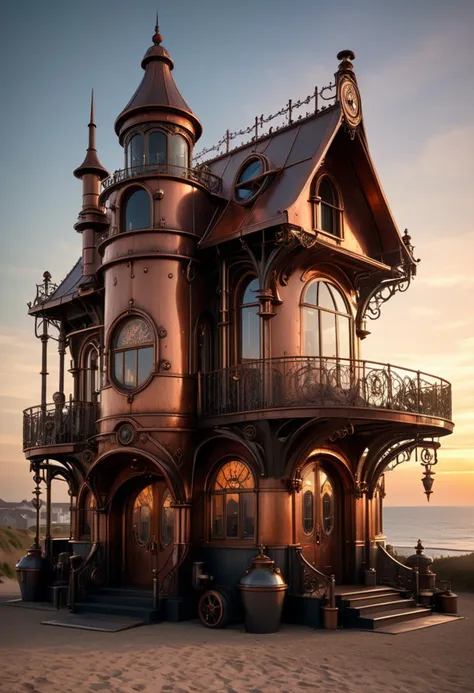 (medium full shot) of (spacious copper steampunk house) with ornate ironwork, copper roof with patina, large bay windows, revolving door with mechanical gears, steam pipes and valves, located in  a coastal village, with sandy beaches, fishing boats, and seaside cottages , at sunset, ,Masterpiece,best quality, raw photo, realistic, very aesthetic, dark