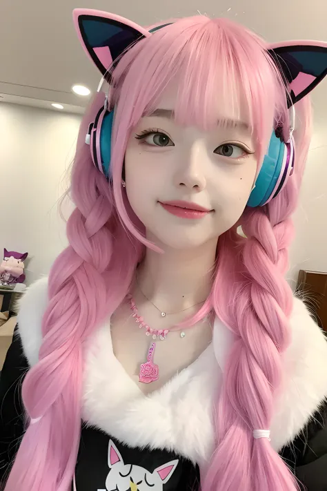 best quality, masterpiece, 1girl, solo, long hair, looking at viewer, pink hair, earrings, necklace, cat headphones, <lora:cos-iamyoung22:0.8>