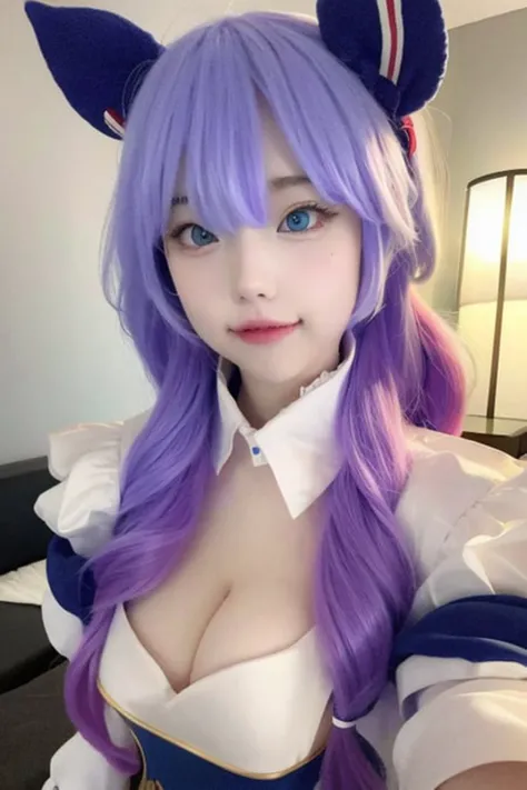 best quality, masterpiece, iamyoung22, 1girl, solo, looking at viewer, cosplay, blue eyes, <lora:cos-iamyoung22:1>