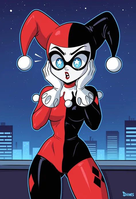 score_9, score_8_up, by Diives,
BREAK
classic harley quinn \(dc comics\), white skin, star eyes, shocked, suprised, eye mask, (black eyeshadow), jester cap, neck ruffle, chibi,
BREAK
1girl, solo, (red and black bodysuit | harley quinn bodysuit), white gloves, front view, medium breasts, toned, hands on own face, hands on own cheeks,
BREAK
scibalcony background, cityscape, night sky, night, star \(sky\), <lora:Diives_PDXL:1>