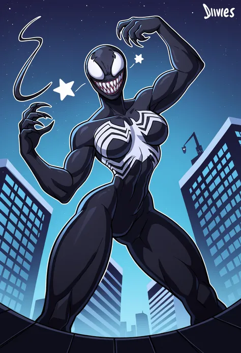 score_9, score_8_up, by Diives,
BREAK
venom, marvel, black skin, white eyes, smile, happy, open mouth, monster, long tongue, saliva,
BREAK
1girl, solo, standing, medium breasts, (breasts squeezed together), black skin, venom symbol, claws, own hands clasped, clasped hands,
BREAK
new york, rooftop background, cityscape, night sky, night, star \(sky\), <lora:Diives_PDXL:1>