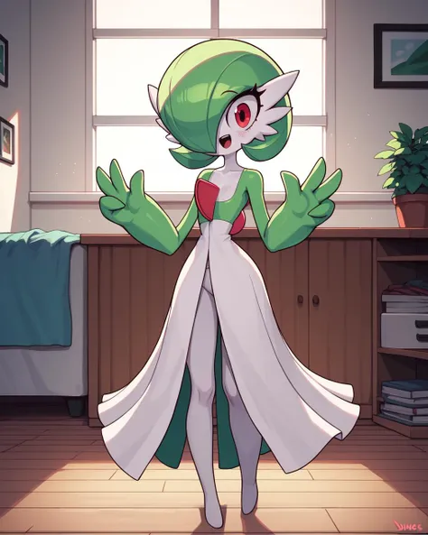 score_9, score_8_up, 1girl, gardevoir, happy, full body, indoors, human proportions, looking at viewer, by diives, giant