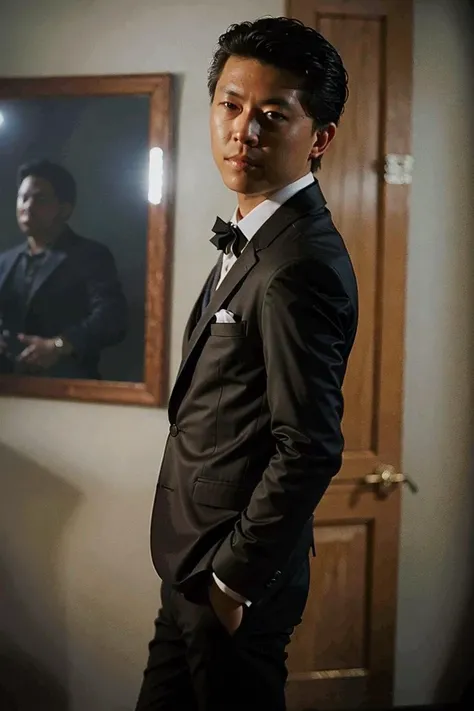 best quality, ultra high res, (photorealistic:1.4), masterpiece, blurry background,indoors,1boy,standing ,(looking at viewer), black suit, <lora:wangxiao:0.8>