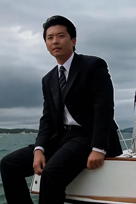 1men,Sit on a sailboat,Background sea,Dark clouds,stormy weather,black suit, looking at viewer, <lora:wangxiao:0.8>