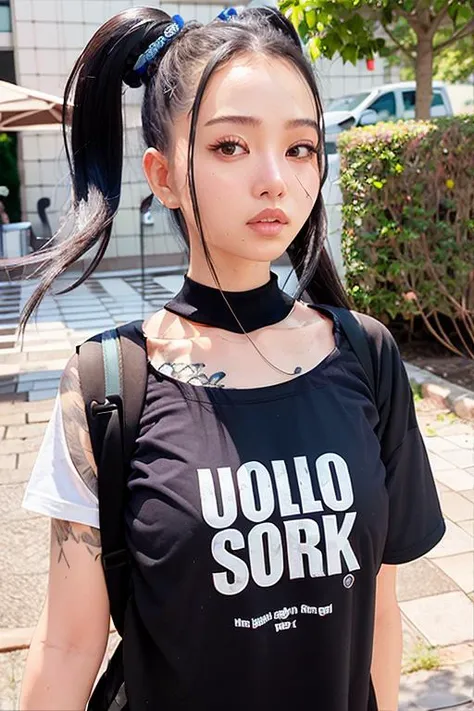 (Ultra-Realistic Rendering:1.37), Japanese women、 Beautiful Face、 Red Eyes, Harajuku-style hip hop fashion, Cinematic lighting, Harajuku as background,