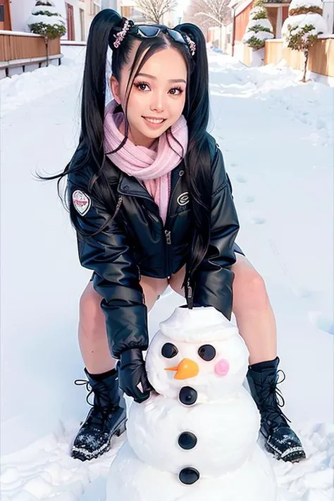 bellapoarch, woman, solo, twintails, blush, angel wings, holding jacket, gloves, boots, breath, cold, outdoors, scarf, shadow, smile, snow, snowing, snowman, vibrant details, ultra detailed, realistic skin texture, (detailed face), beautiful detailed eyes, extremely detailed CG unity 8k wallpaper, makeup