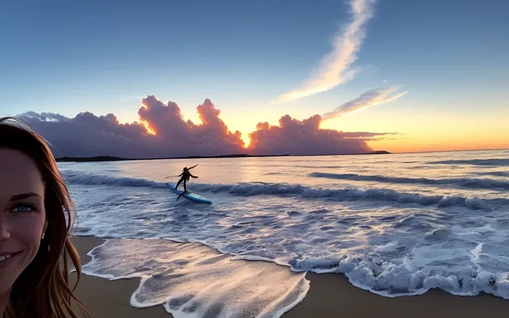 huge cloud, in a form of typhoon, beach, waves, sexy Julie Benz selfy as surfer, romantic, sunset, made with iphone,
