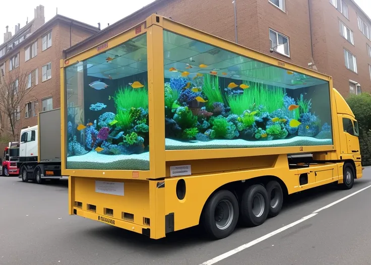 giant (lorry truck) loaded with huge aquarium (filled with water) and swimming girls, fishtank on wheels, see-through shipping container made with glass, on city street,