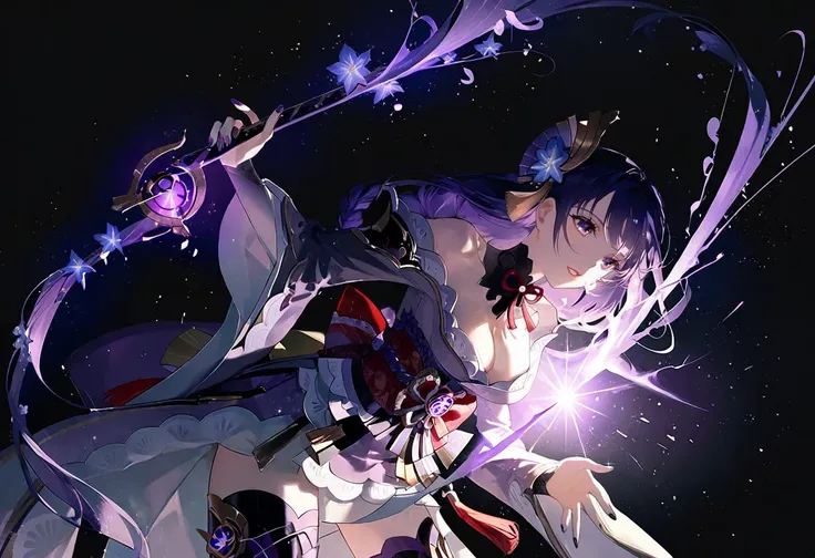 Bare shoulders,Plump breasts,tights,Holding the broken red rose in hand,long purple hair,magic circle,black stockings,Slender figure,High ponytail,short gun