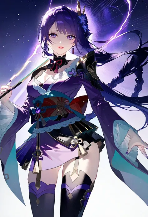 by rella, by dsmile9, <lora:Rella:0.4>, 
break
raiden_shogun, \(genshin impact\), solo, super model, detailed face, parted lips, purple eyes, purple hair, detailed hair, bangs, braid, original,
break
from side,
break
purple kimono, purple dress, purple thighhighs, nail polish, long sleeves, obi, sash, tassel, pelvic curtain, wide sleeves, purple nails, flower hair ornament, hair_ornament,  mole, armor, ribbon, shoulder_armor, earrings,jewelry,
break
triumphant look,
break
battle scene, holding fan, looking away,
break
vision_\(genshin_impact\), simple background, white background, (purple lightning effect, particle),
break
watercolor,  [celluloid:clean color:0.6],
break
beautiful, aesthetic, detailed, beautiful color, amazing quality, best quality, high quality, <lora:genshin_all:1>,