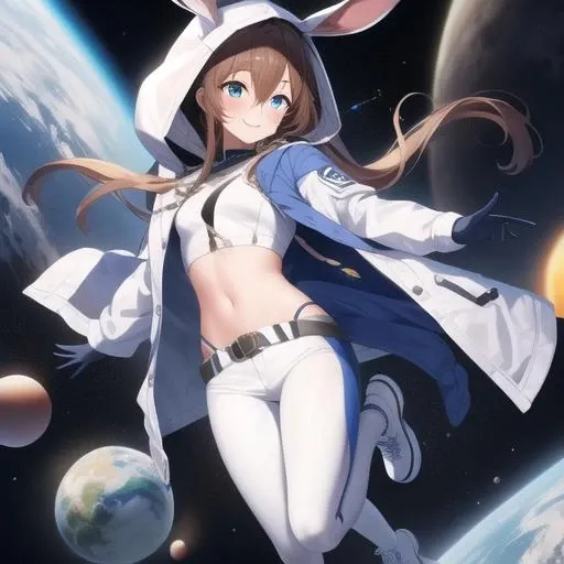 (masterpiece, best quality:1.2),illustration,8k,hd,1girl,solo,Belt,animal hood,blue eyes,blush,brown hair,crop top,floating hair,gloves,hair between eyes,hood,hood up,hooded jacket,long sleeves,midriff,navel,open clothes,open jacket,planet,rabbit hood,shoes,smile,very long hair,white footwear,white gloves,white jacket,white pants,white shirt,<lora:Amiya-touch the stars-V1>,