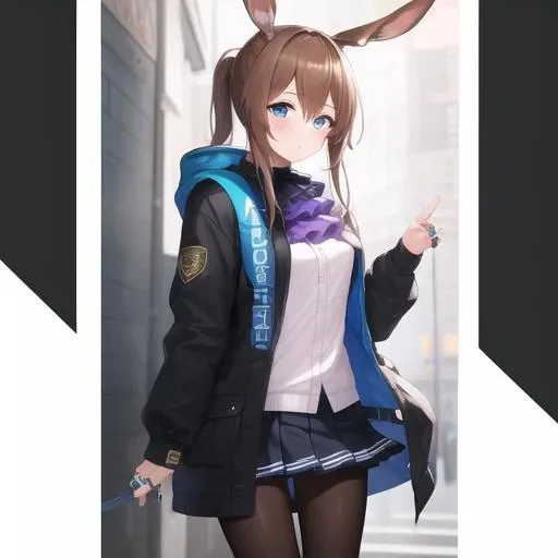 (masterpiece, best quality:1.2),illustration,8k,hd,1girl,solo,medium breasts,animal_ears,brown_hair,rabbit_ears,long_hair,blue_eyes,bangs,hair_between_eyes,jewelry,ring,sidelocks,ascot,ponytail,black_jacket,black_pantyhose,blue_skirt,jacket,long_sleeves,open_clothes,open_jacket,pantyhose,shirt,skirt,white_shirt,pleated_skirt,blush,thumb_ring,very_long_hair,miniskirt,<lora:Amiya(ark)>,