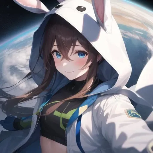 (masterpiece, best quality:1.2),illustration,8k,hd,1girl,solo,upper body,(portrait:1.2),animal hood,blue eyes,blush,brown hair,crop top,floating hair,gloves,hair between eyes,hood,hood up,hooded jacket,long sleeves,midriff,navel,open clothes,open jacket,planet,rabbit hood,shoes,smile,very long hair,white footwear,white gloves,white jacket,white pants,white shirt,<lora:Amiya-touch the stars-V1>,