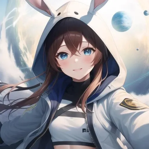 (masterpiece, best quality:1.2),illustration,8k,hd,1girl,solo,upper body,(portrait:1.2),animal hood,blue eyes,blush,brown hair,crop top,floating hair,gloves,hair between eyes,hood,hood up,hooded jacket,long sleeves,midriff,navel,open clothes,open jacket,planet,rabbit hood,shoes,smile,very long hair,white footwear,white gloves,white jacket,white pants,white shirt,<lora:Amiya-touch the stars-V1>,
