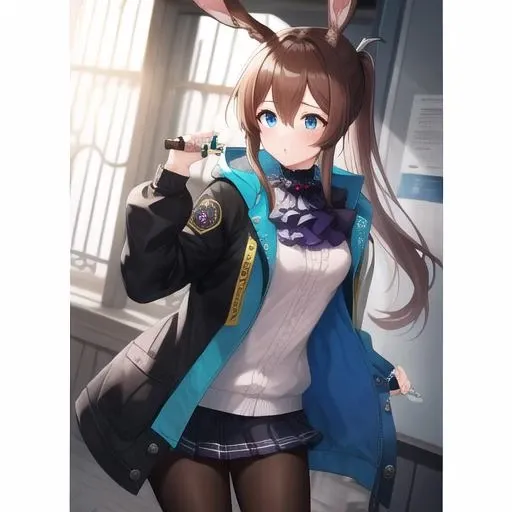 (masterpiece, best quality:1.2),illustration,8k,hd,1girl,solo,medium breasts,animal_ears,brown_hair,rabbit_ears,long_hair,blue_eyes,bangs,hair_between_eyes,jewelry,ring,sidelocks,ascot,ponytail,black_jacket,black_pantyhose,blue_skirt,jacket,long_sleeves,open_clothes,open_jacket,pantyhose,shirt,skirt,white_shirt,pleated_skirt,blush,thumb_ring,very_long_hair,miniskirt,<lora:Amiya(ark)>,