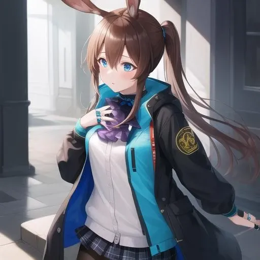 (masterpiece, best quality:1.2),illustration,8k,hd,1girl,solo,medium breasts,animal_ears,brown_hair,rabbit_ears,long_hair,blue_eyes,bangs,hair_between_eyes,jewelry,ring,sidelocks,ascot,ponytail,black_jacket,black_pantyhose,blue_skirt,jacket,long_sleeves,open_clothes,open_jacket,pantyhose,shirt,skirt,white_shirt,pleated_skirt,blush,thumb_ring,very_long_hair,miniskirt,<lora:Amiya(ark)>,