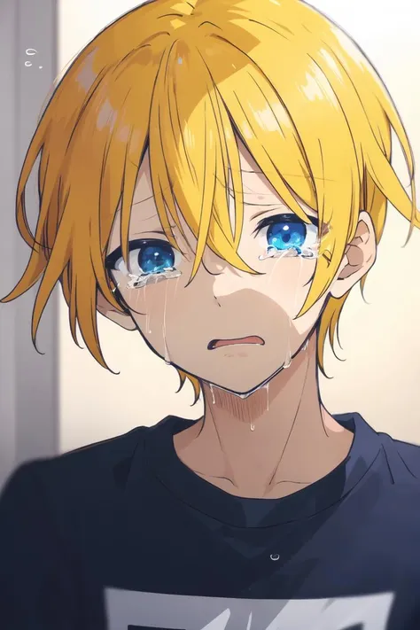 masterpiece, best quality, highres, male focus, 1boy,  18 years old boy, Mitsuboshi Taiyou, blonde hair, blue eyes, wearing black emo shirt, yelling hysterically, sad, shaded face, panic, crying, <lora:taiyou:0.6>