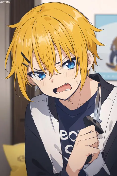 masterpiece, best quality, highres, male focus, 1boy, Mitsuboshi Taiyou, blonde hair, blue eyes, wearing black emo shirt, yelling hysterically at the viewer, <lora:taiyou:0.6>