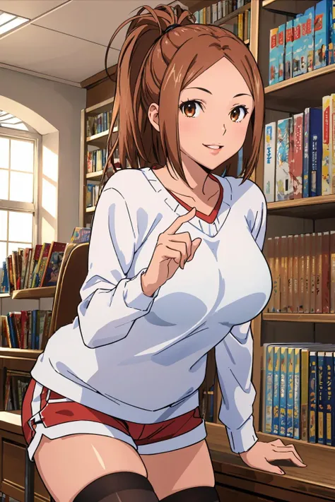 <lora:Kizuki - Bakuman - Miyoshi Kaya:0.9> miyoshi kaya, KizukiAi, light brown hair, high ponytail, large breasts, orange eyes, parted bangs, forehead, white sweater, red shorts, black thigh highs
beautiful, masterpiece, best quality, study, library, smile, looking at viewer