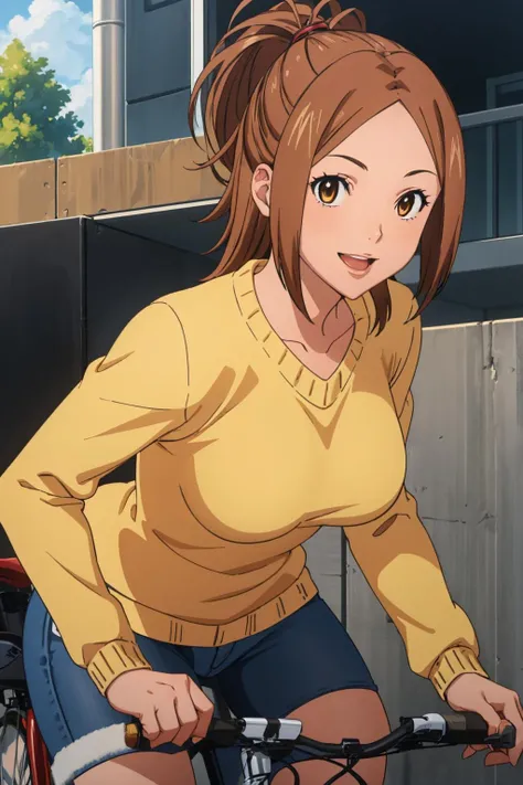 <lora:Kizuki - Bakuman - Miyoshi Kaya:1> miyoshi kaya, KizukiAi, light brown hair, high ponytail, large breasts, orange eyes, parted bangs, forehead, white shirt, denim shorts, yellow sweater
beautiful, masterpiece, best quality, japanese town, riding bike, smile, upper body