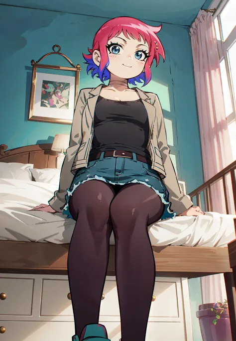 1girl, black choker, breasts, jacket, looking at viewer,black_eyes,two-tone_hair, (pink_hair), blue_hair, sidelocks, small_breasts, multicolored hair, black shirt, short hair, sink, gray jacket, short denim skirt, (pink pantyhose), smile,smiling, sit, sit on a bed, room,(from below),relaxing pose,<lora:Ramona_Flowers-10:0.7> RamonaFlowers,